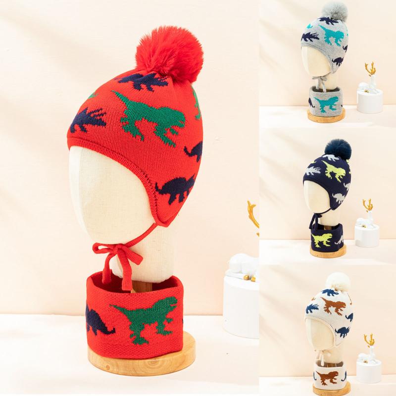 

Berets Hat Cold-proof Warm Set Children's Neck Scarf Knitted Outdoor Bomber Hats, Red