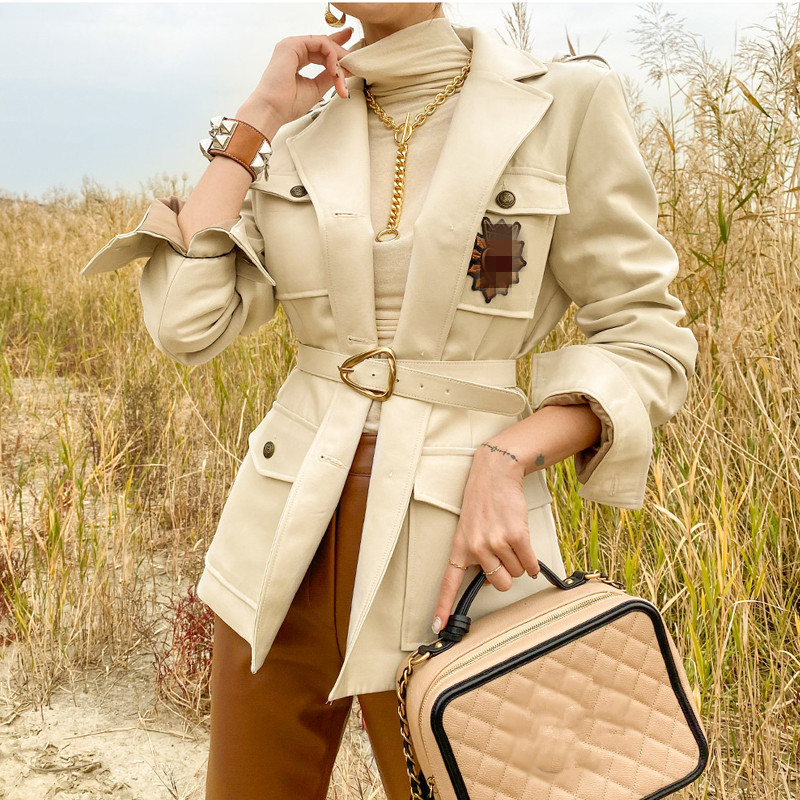 

ZAWFL Women Jacket Drawstring Lace Up Slim Waist Coat Autumn Retro Turn Down Collar Single breasted Medium-long Outwear 210525, Picture color