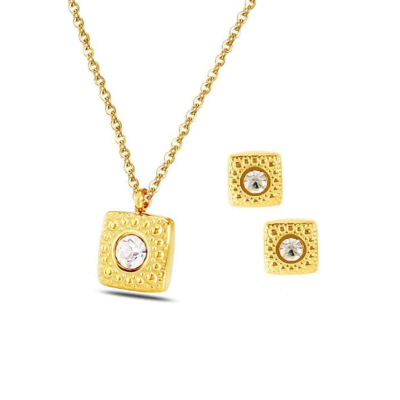 

Earrings & Necklace Stainless Steel Minimalism Gold Block Cz Stone Pendant With Stud Jewelry Sets Women 2021 Gifts, As pic