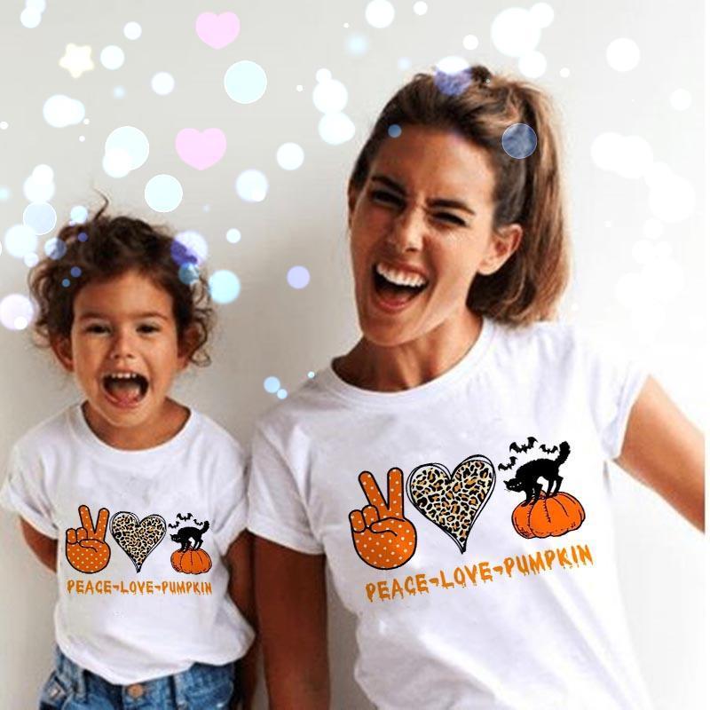 

Women's T-Shirt Peace Love Pumpkin Mommy Girl Tshirt Family Matching Clothes Mom Daughter Halloween Party T Shirt Cute Look Outfits Tops, H5801 d0101