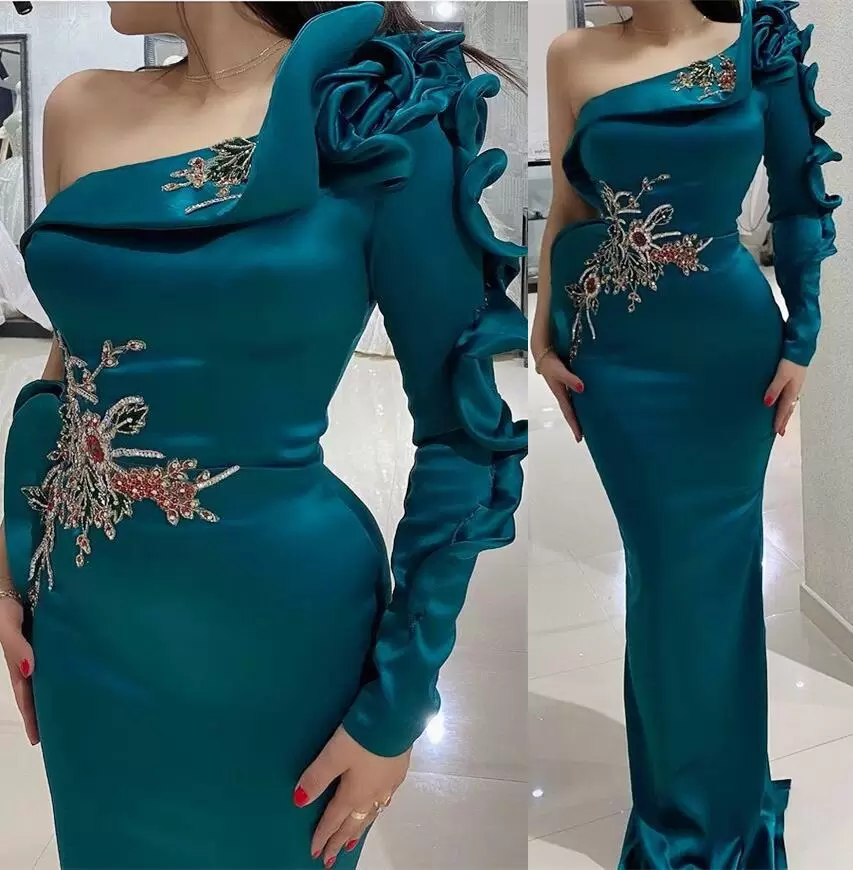 

2022 Beaded Crystals Mermaid Evening Dresses Ruched Pleats One Shoulder Satin Ruffles Long Sleeves Custom Made Plus Size Formal Prom Party Gown Wear Vestidos, Hunter