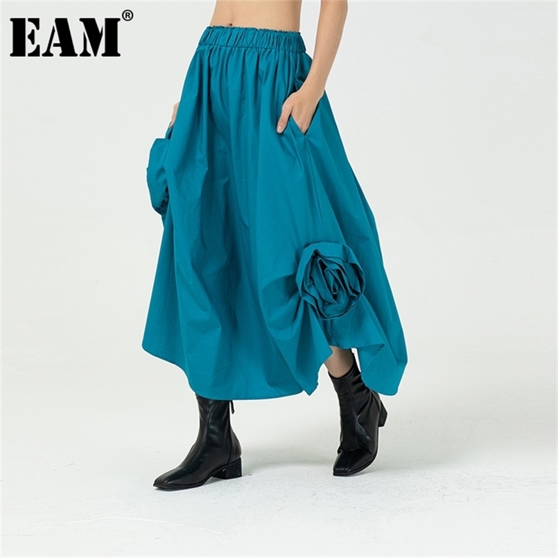 

[EAM] High Elastic Waist Irregular Flower Decoration Wrinkled Half-body Skirt Women Fashion Spring Autumn 1DD2993 210702, Blue