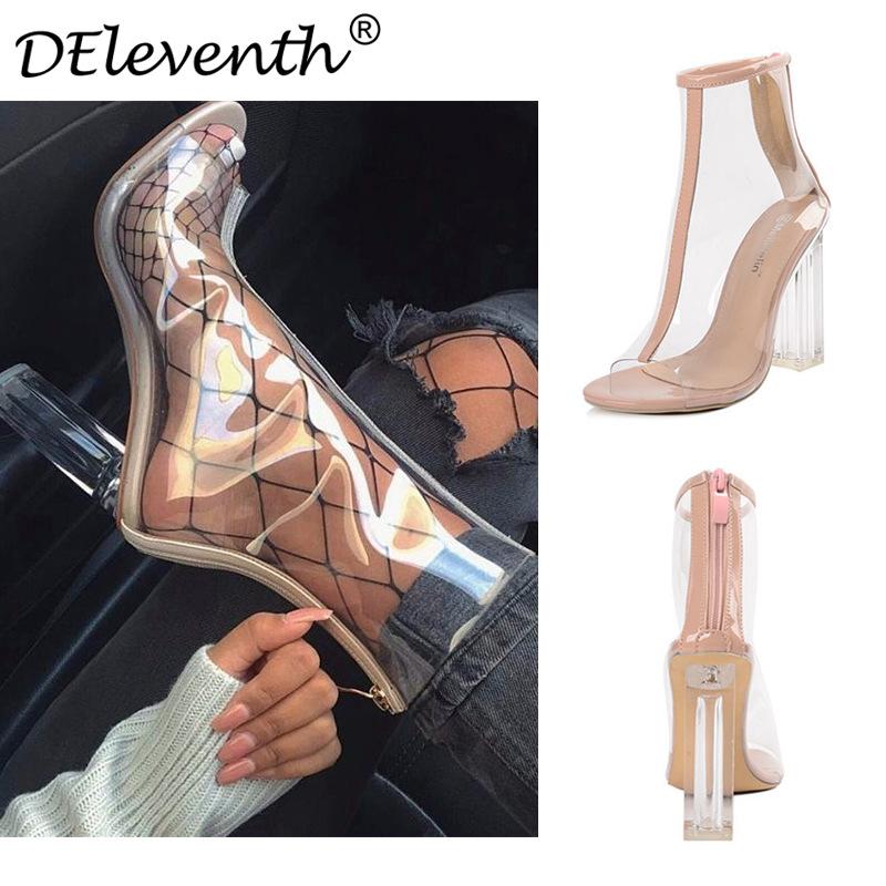 

Boots High Heeled Shoes Large Fish PVC Transparent Crystal Thick Heel Short Naked Women, Black