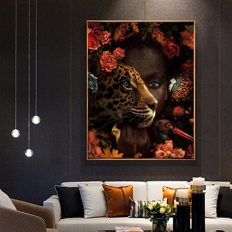 

African Art Black Woman Tiger Rose Bird Oil Painting on Canvas Cuadros Posters and Prints Wall Art Picture for Living Room Decor