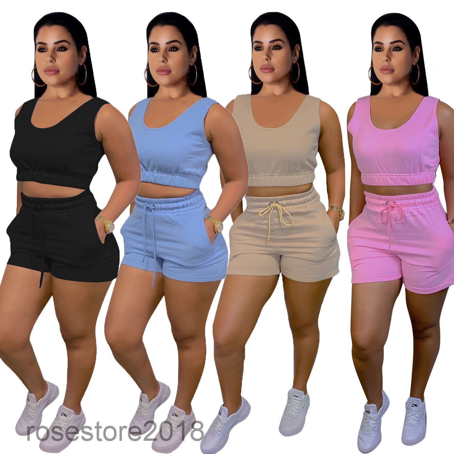 

Women tracksuit 2021 summer New Designer Fashion Solid color U neck sleeveless vest shorts Two-piece sets sportswear leisure Slim Outfits, Black