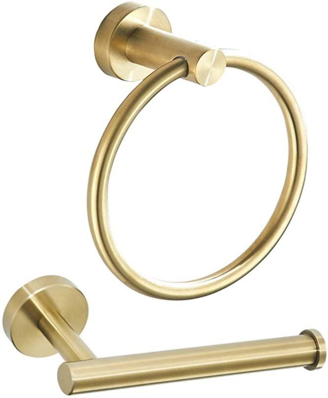 

Toilet Paper Holders Gold Holder Towel Ring, Bathroom Hardware Brushed Hand 2 Pcs Wall Mount Accessories Set