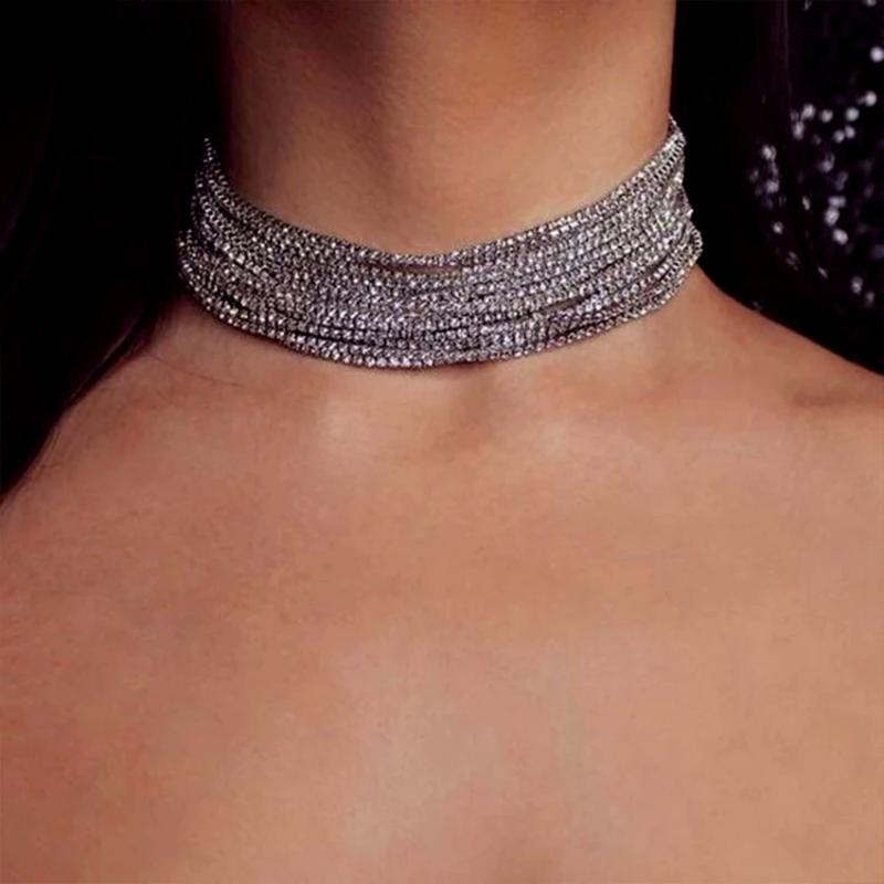 

Trendy Bling Shiny Multi-layer Necklace Choker 2021Trend Fashion Women Charm Layered Detangler With Crystal Jewelry Chains