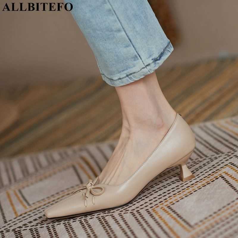 

ALLBITEFO full genuine leather brand high heels party women shoes sweet bowtie women high heel shoes alons hauts femme 210611, As picture