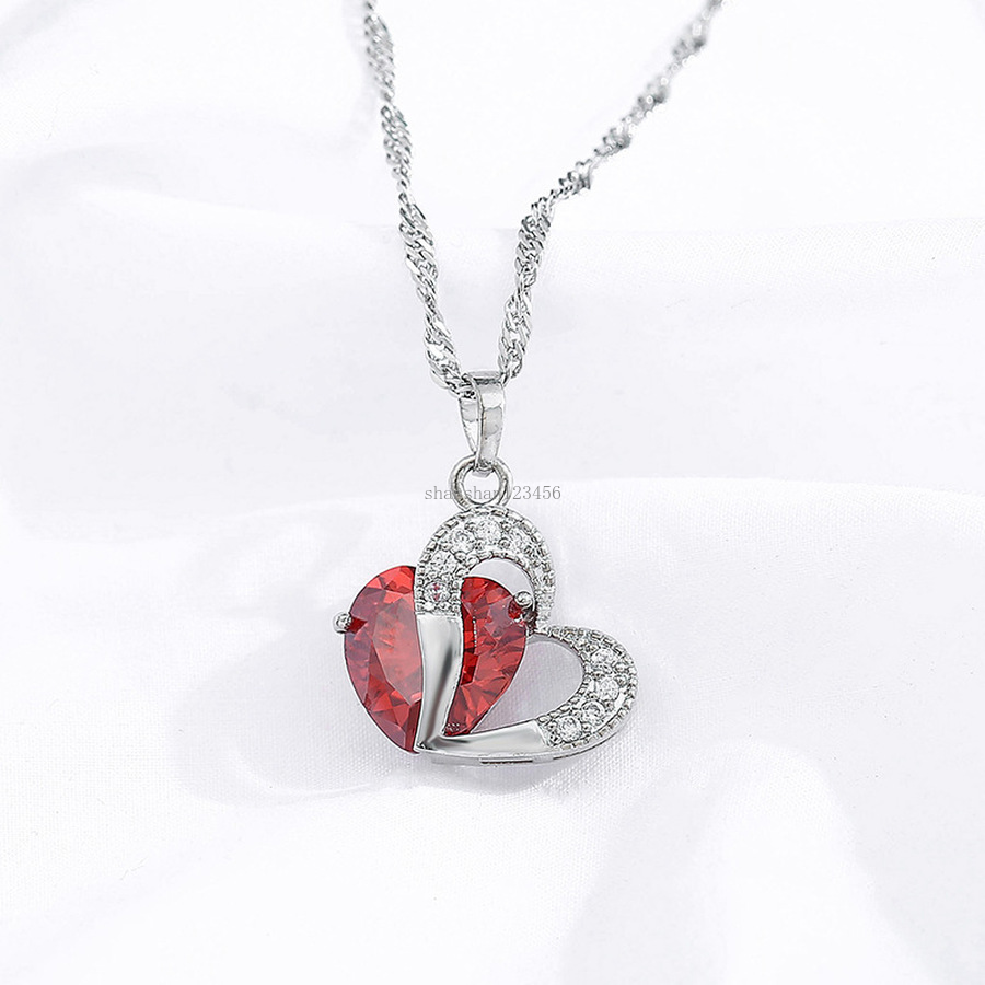 

Fashion Red Diamond Heart Pendant Necklaces Copper Silver Chains Women Necklace Wedding Jewelry Gift Will and Sandy