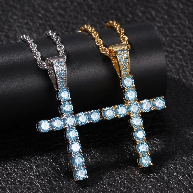 

Pendant Necklaces Hip Hop Light Blue Cubic Zirconia Paved Bling Out Cross Pendants Necklace For Men Women Jewelry Gold Color