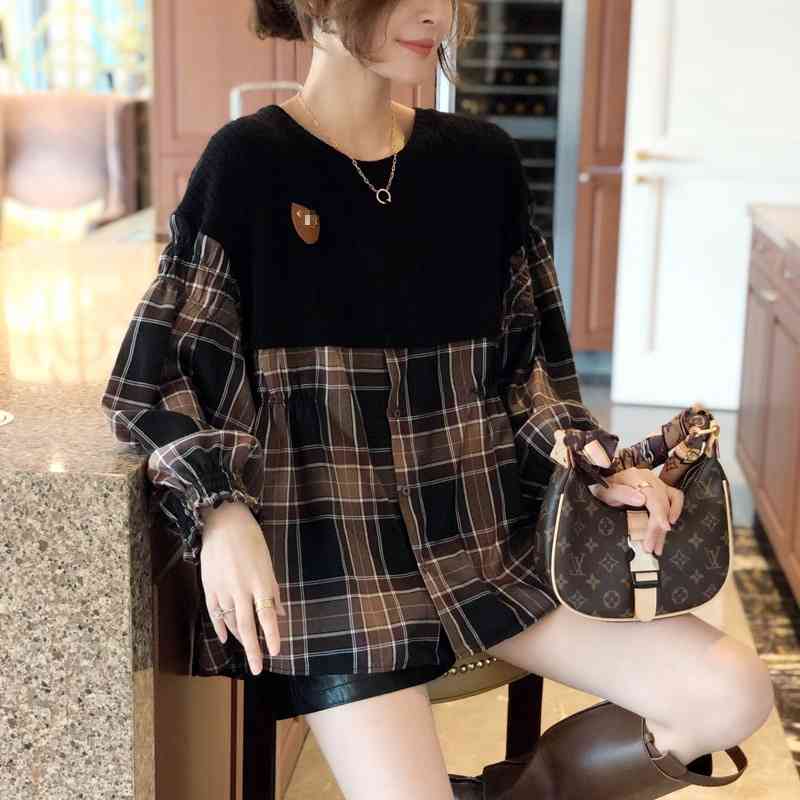 

2020 autumn new European clothing contrast check splicing shirt sweater women's Korean loose top, Black