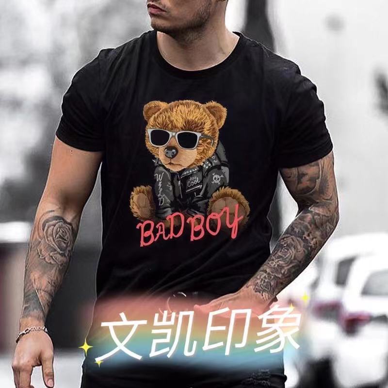 

men's t short sve summer new fun dign bear print t-shirt black personality trend, White;black