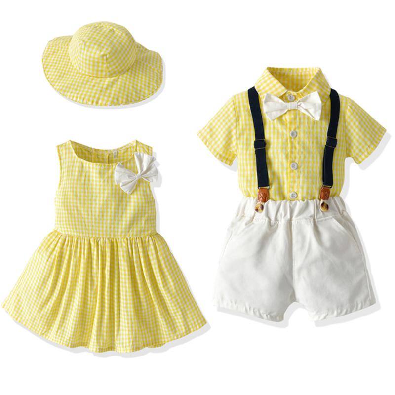 

Clothing Sets LZH Summer Children Baby Boys Grid Shirt+ Overalls Set Girls Dress Brother Sister Clohtes Suit Kids Costume, White