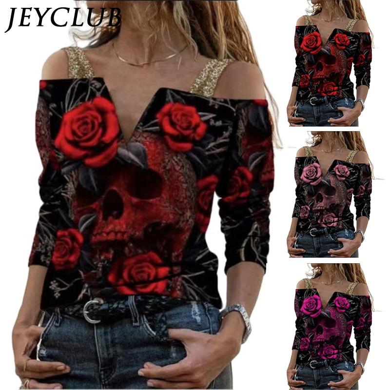 

Women's T-Shirt Sexy Off Shoulder Tops Vintage Floral Print Sequins Halter Long Sleeve Slim Casual Tees 2021 Spring Autumn Women Clothes, Pink