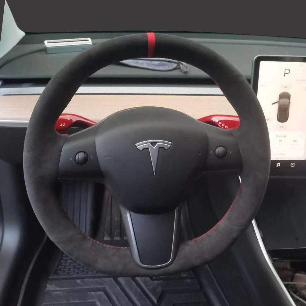 

For Tesla 3 Model3 / Models / modelx / DIY hand sewn Black Suede steering wheel cover car accessories wheel cover