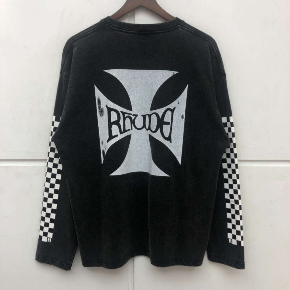 

2021fw Rhude T-shirt Men Women High Quality Vintage Long Mouwen T-shirt Geruite Cross Printing Tea Tops