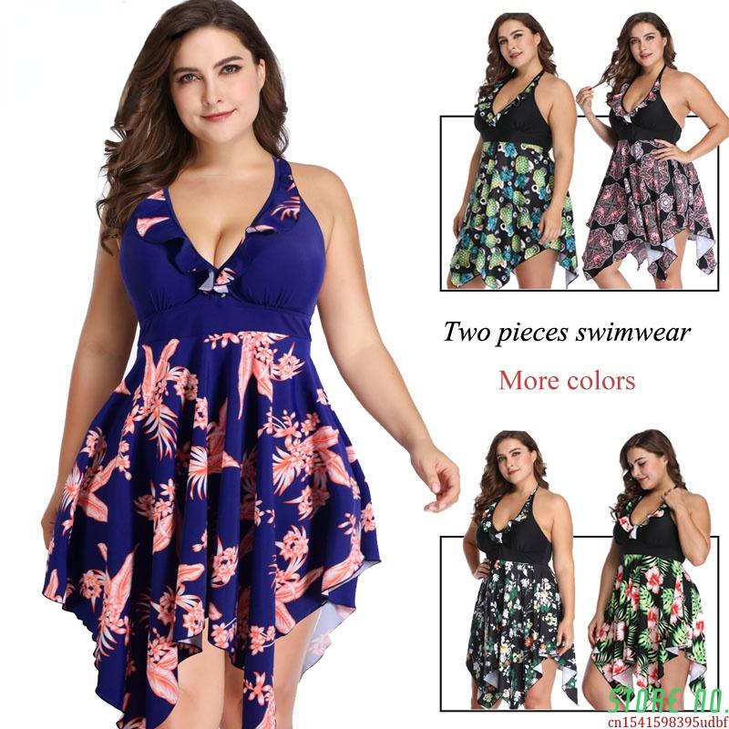 

One-Piece Suits Women Swimsuit Plussize Swimwear Two Pieces Larges Size Swim With Pants Floral Printed Beachwear Bathing Wear