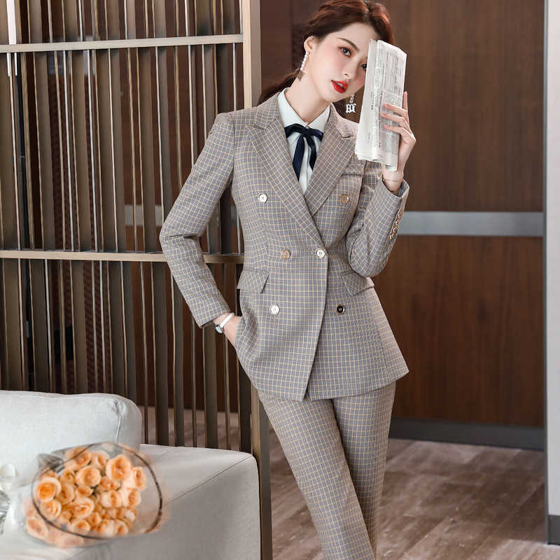 

Women's Business Wear Office Suit Pants Two-piece High Quality Large Size 4XL Autumn and Winter Slim Plaid Female Jacket 210527, Blazer pants b