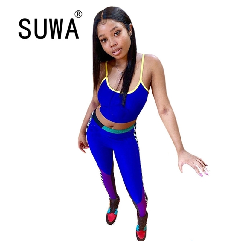 

Wholesale Tracksuit Women Sets Clothes Printed Sleeveless Pullover Crop Tops High Waist Jogger Leggings Sexy Fitness Wear 210525, Blue