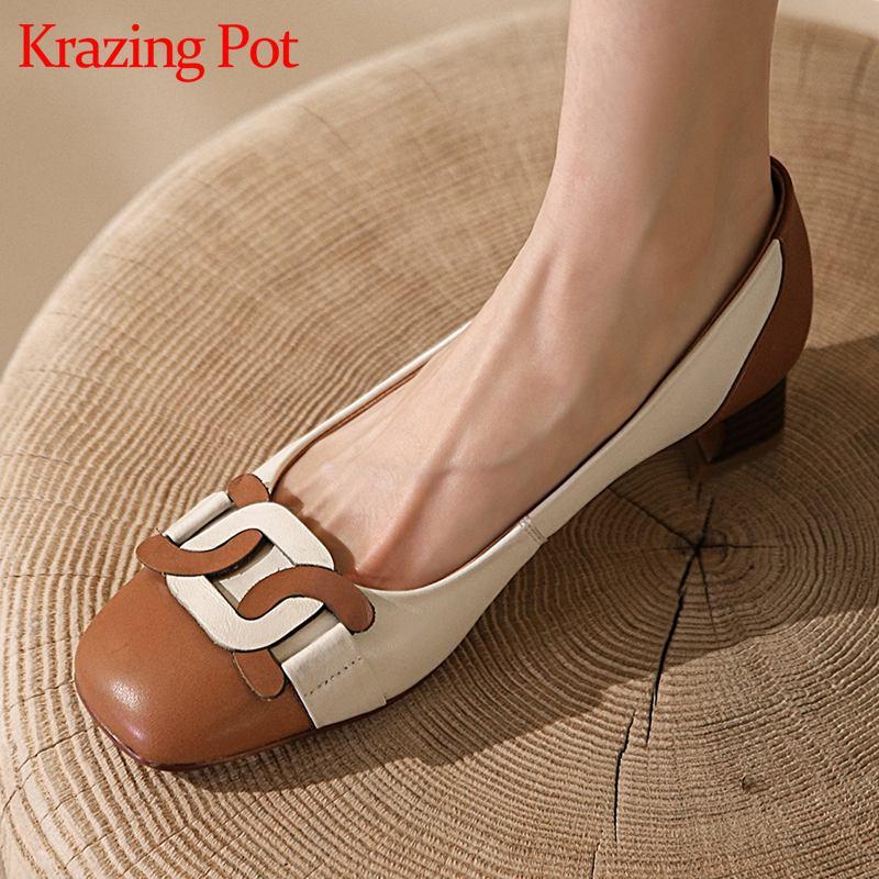 

Dress Shoes Krazing Pot Shallow Loafers Chic Leisure Sheep Skin Round Toe Splicing Thick Med Heels Daily Wear Mixed Colors Women Pumps L89, Black