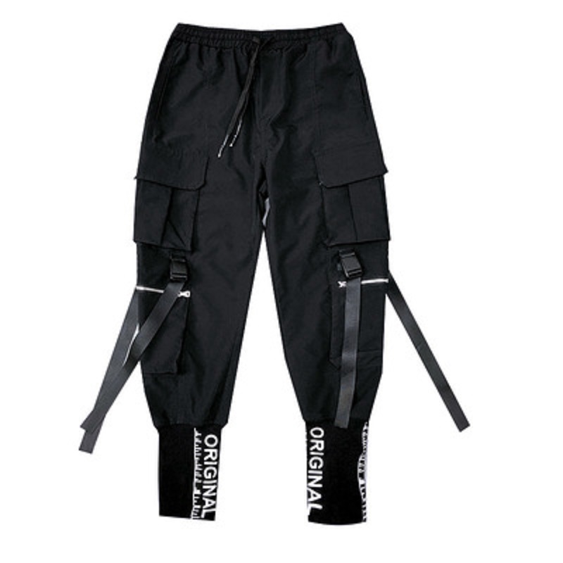 

Japanese Fashion Harajuku Streetwear Pants for Men Ribbon Pockets Cargo Joggers Techwear Mens Trousers Hip Hop, Black
