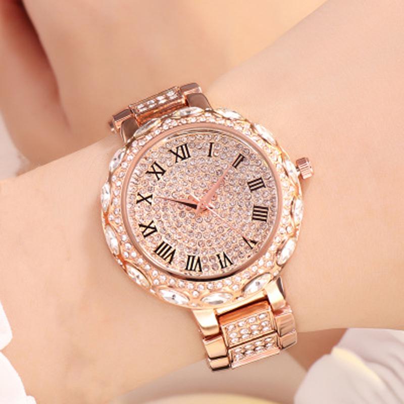 

Wristwatches High Quality Diamond Women Watches Full Rhinestone Wristwatch Lady Crystal Dress Gold Female Quartz Watch Zegarek Damski, Rosegold women watch