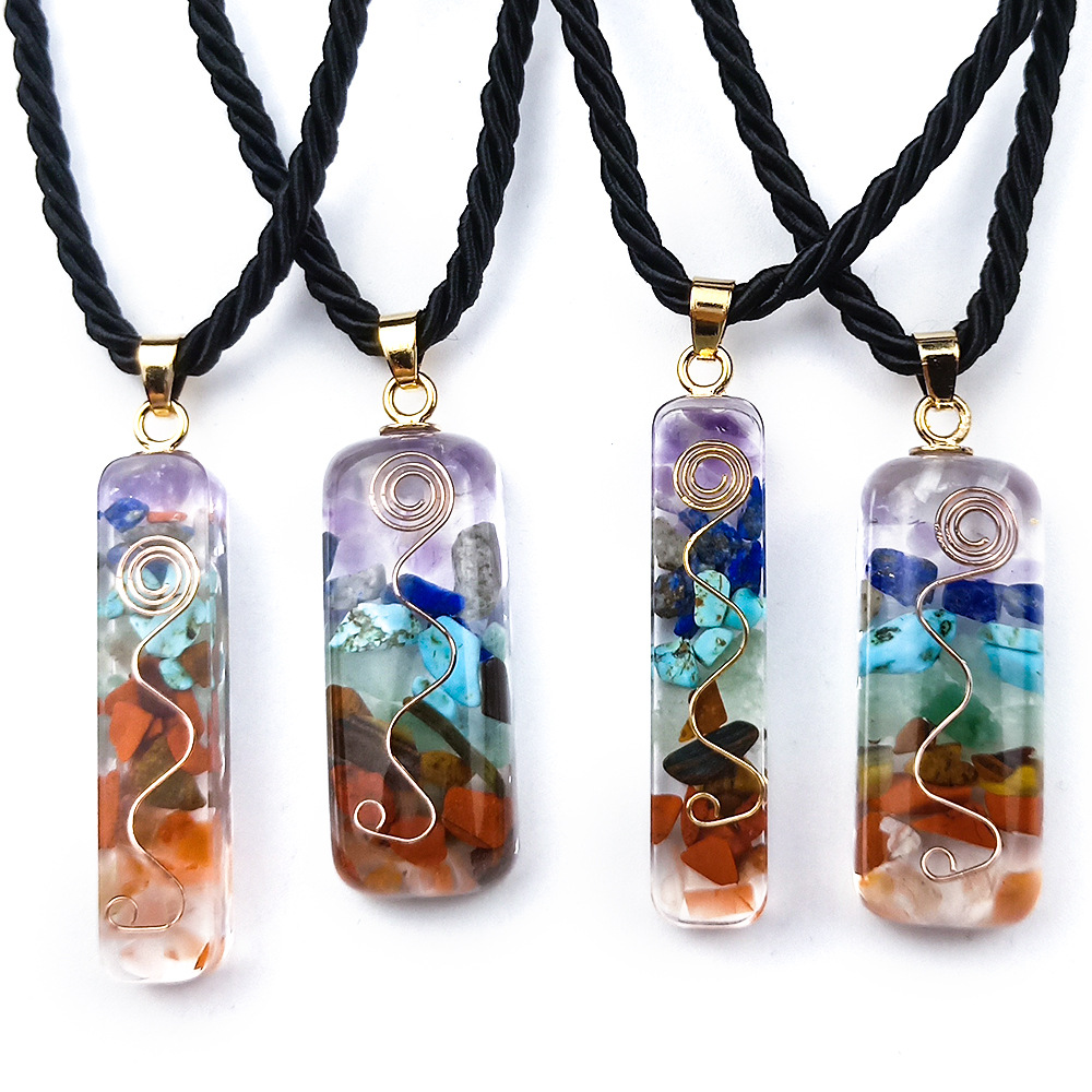 

Reiki Healing Colorful Chips Stone Seven Chakra Orgone Energy Pendant Necklaces Pendulum Amulet Orgonite Crystal Necklace