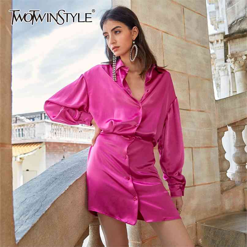 

Casual Silk Summer Dress Women Lapel Collar Lantern Long Sleeve High Waist Mini Dresses For Female Fashion 210520, Rosered