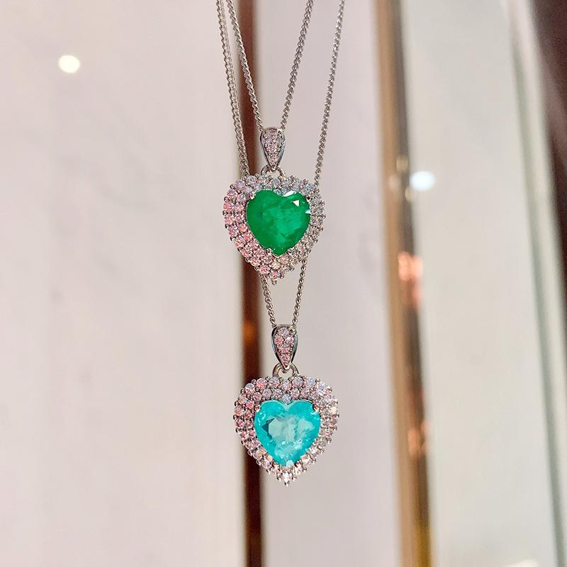 

Chains 925 Sterling Silver Heart Shaped Paraiba Tourmaline Emerald High Carbon Diamond Pendant Necklace For Women Fine Jewelry 10*10mm