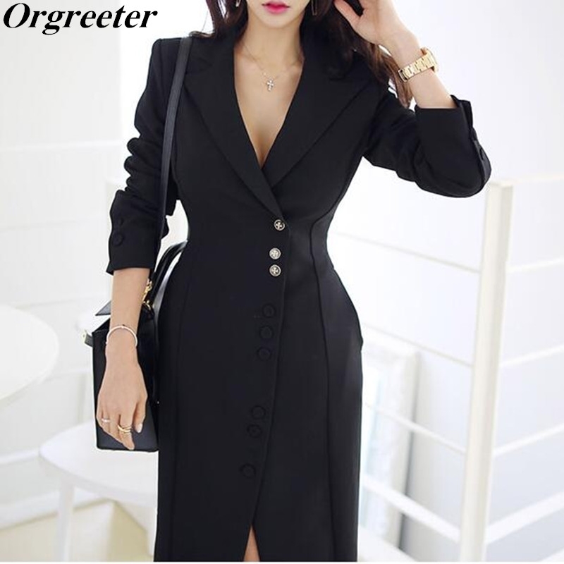 

Spring Autumn Sexy Deep V Button Women Blazers Dresses Fashion OL Business Black White Full Sleeve Mid-calf Long Dress 210525