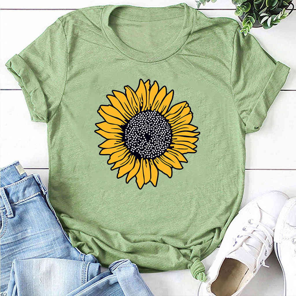

summer 2021 fashion women's t-shirt sunflower print frh sweet short sve, White