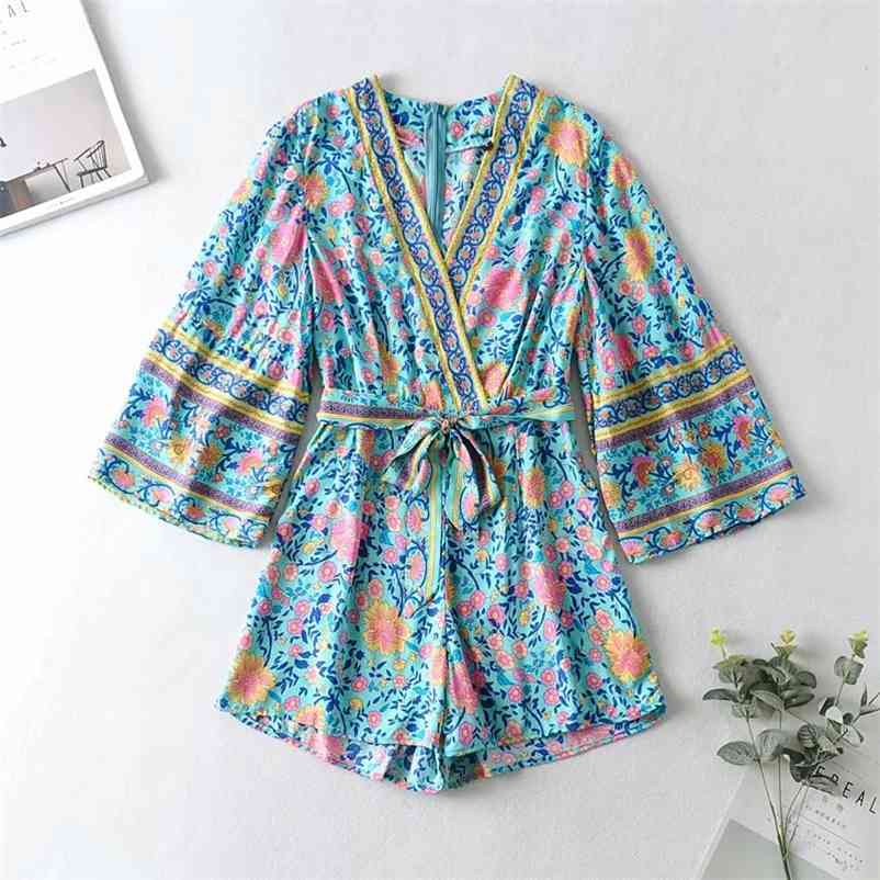 

Women loose playsuits V-neck wide sleeve with belt vintage female summer palysuits 210524, Blue