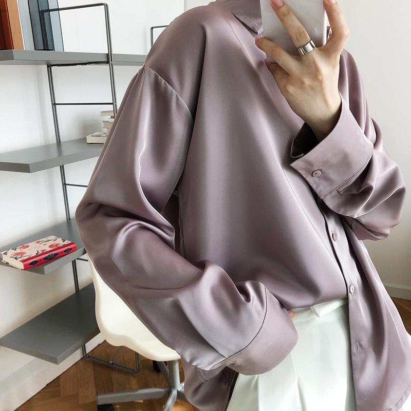 

Women' Blouses & Shirts 2021 Spring Office Ladies Elegant Button Up Silk Women V-Neck Satin Blouse Shirt Pocket Long Sleeve, Black