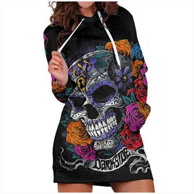 

fashion skull floral printed hooded womens dress sweatshirt long sleeve hoodies pocket mini dresses kleider damen, Black;gray
