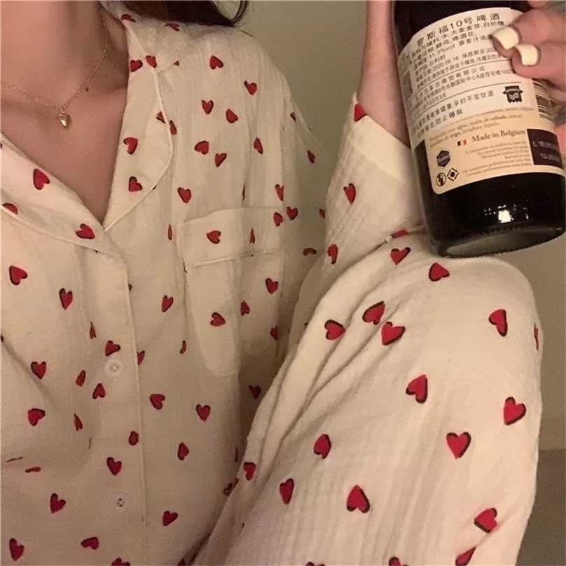 

QWEEK Sleepwear Women's Cotton Red Heart Print Pijama Long Sleeve Autumn Pajamas Female Set Korean Pyjamas Negligee Cardigan Pjs 211109