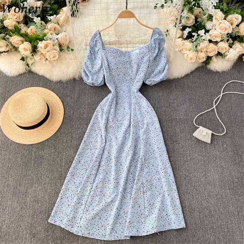 

Women Floral Print Dress Summer Sexy Square Collar Korean Chic Dresses Ladies Elegant Vintage Midi Vestido De Mujer Robe 210519, Black