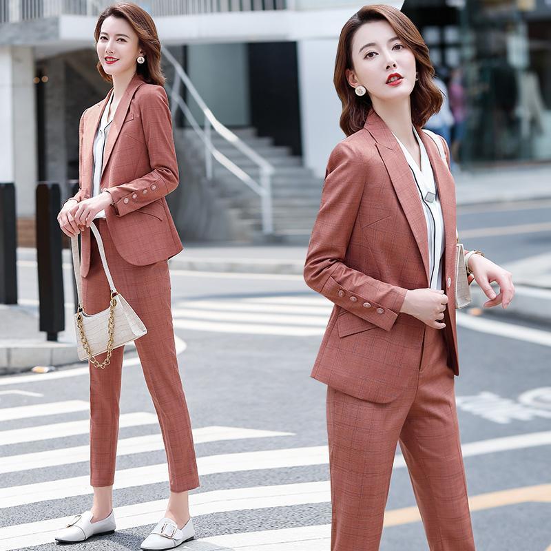 

Women' Two Piece Pants Women 2021 Fashion Plaid 2 Pieces Suits Female Office Lady Business Work Coats Ladies Thin Trousers Formal Pant Y213, Coffee