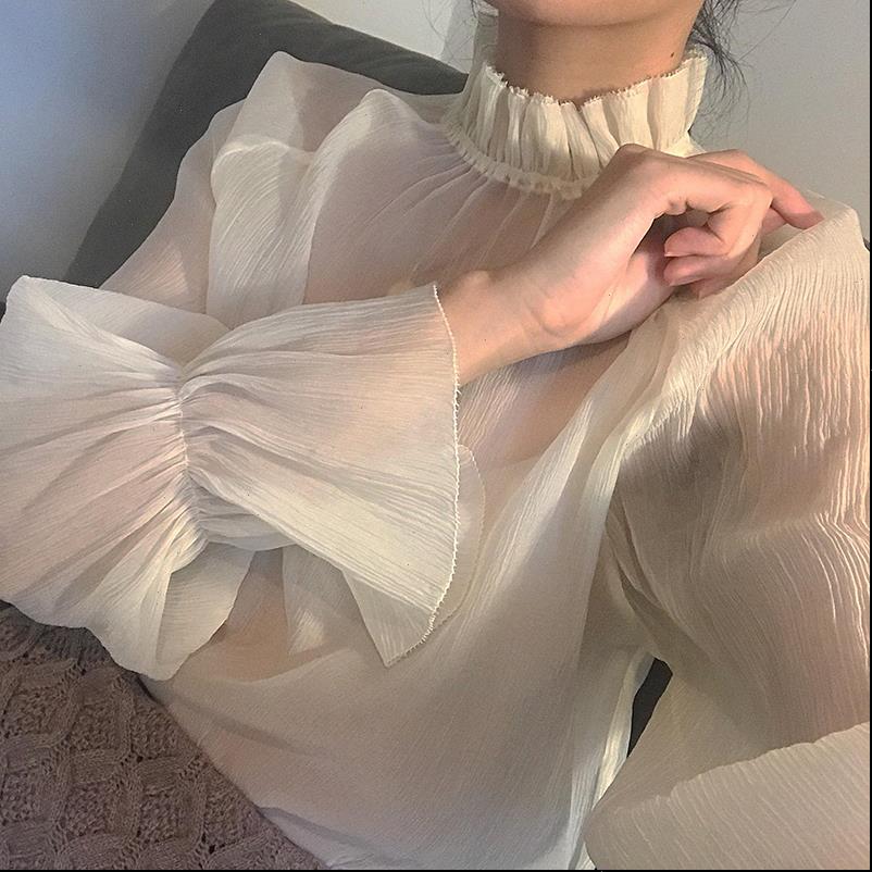

women shirt solid vintage long sleeve chiffon and blouses korean ladies o neck button flare casual shirts blusas mujer, White