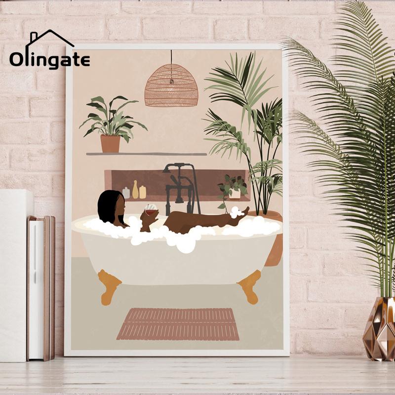 

Paintings Black Boho Girl Bath Canvas Painting Fashion African Woman Wall Art Print And Pictures Cartoon For Bathroom Home Decor