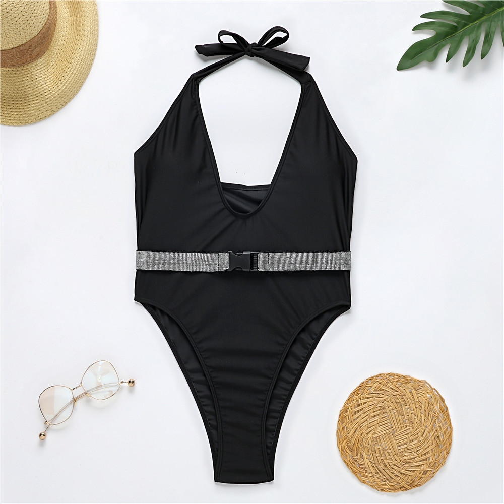 

Solid Black Buckle Swimsuit Women Sexy Halter Monokini Swimwear Girl Beach Wear Bathing Suits Summer Bodysuit 210520