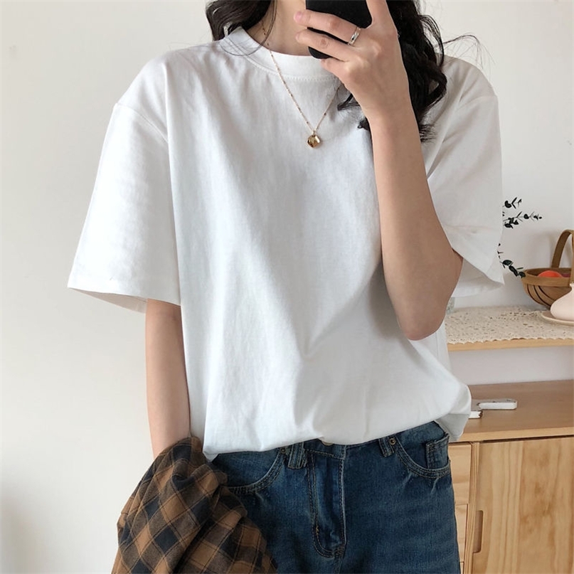 

Basic Cotton T Shirt Women Summer Oversized Solid Tees 7 Color Casual Loose Tshirt Korean O Neck Female Tops 210607, Khaki