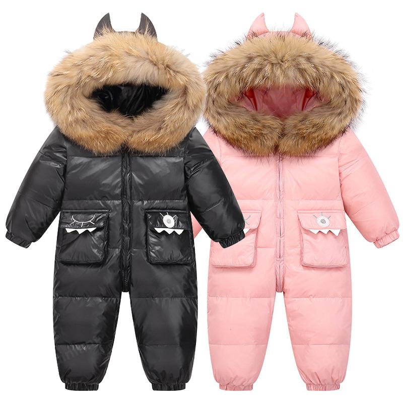 

Down Coat Baby Winter Duck Jacket Born Hooded Two-way Zipper Warm With Big Fur Collar Overalls Infant Jumpsuit Ear, Blue;gray