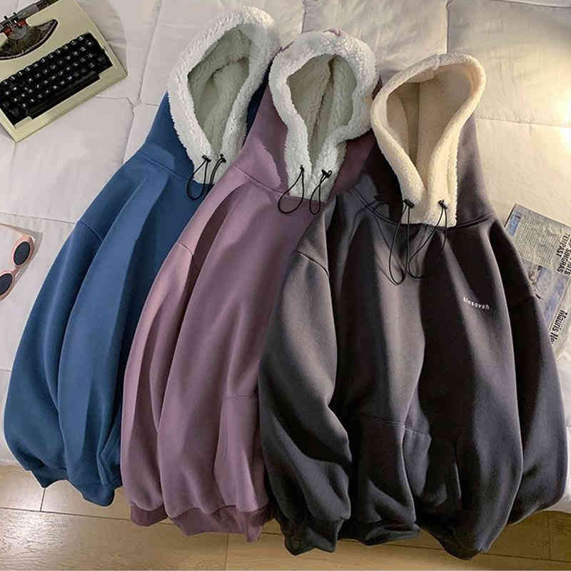 

Men' Hoodies & Sweatshirts Autumn and winter stuffed lamb hoodie loose solid color couple pullovers casual coat fashion RJZ7, 1# shoe box
