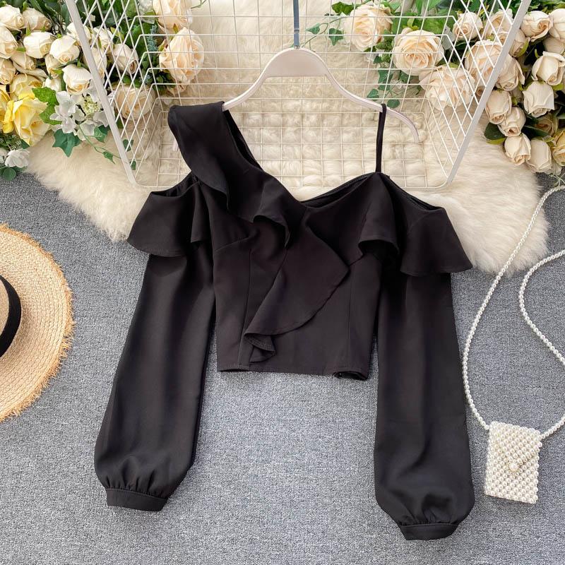 

Women's Blouses & Shirts YIZZHOY 2021 Summer Irregular Hollow Out Strapless Casual Ruffle Red Puff Long Sleeve Office Party Dress, Black