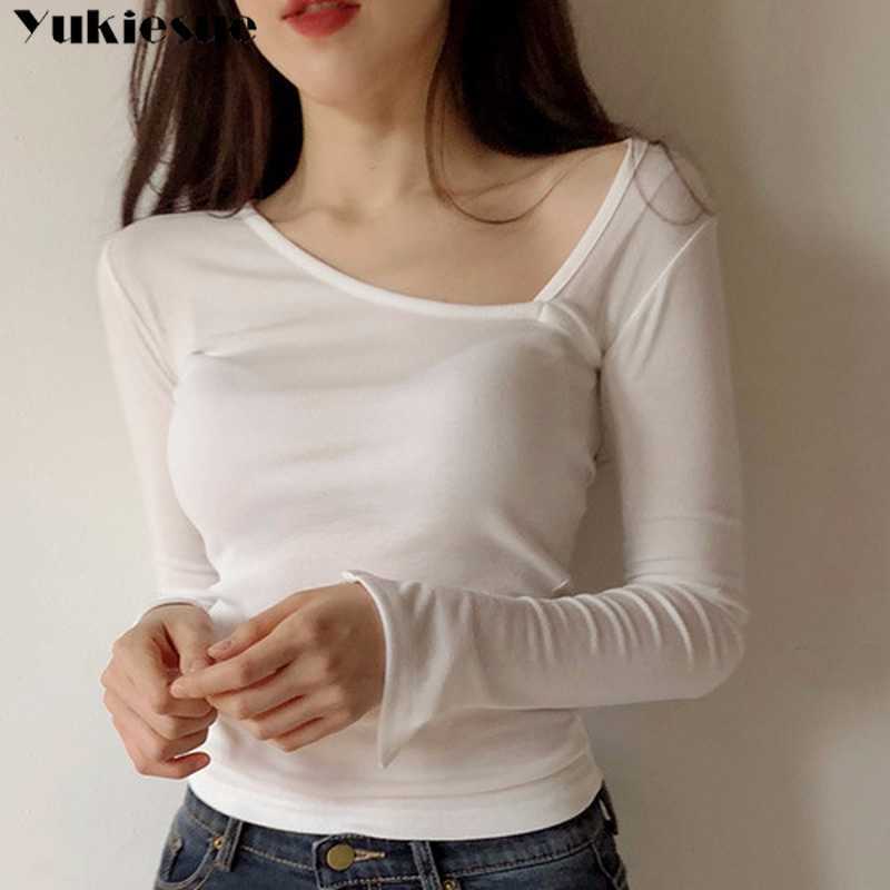 

Poleras Mujer Sexy V Neck Slim T-Shirt Women Casual Korean Fashion Tshirt Vetement Femme Womens Long Sleeve tee Tops 210608, Beige
