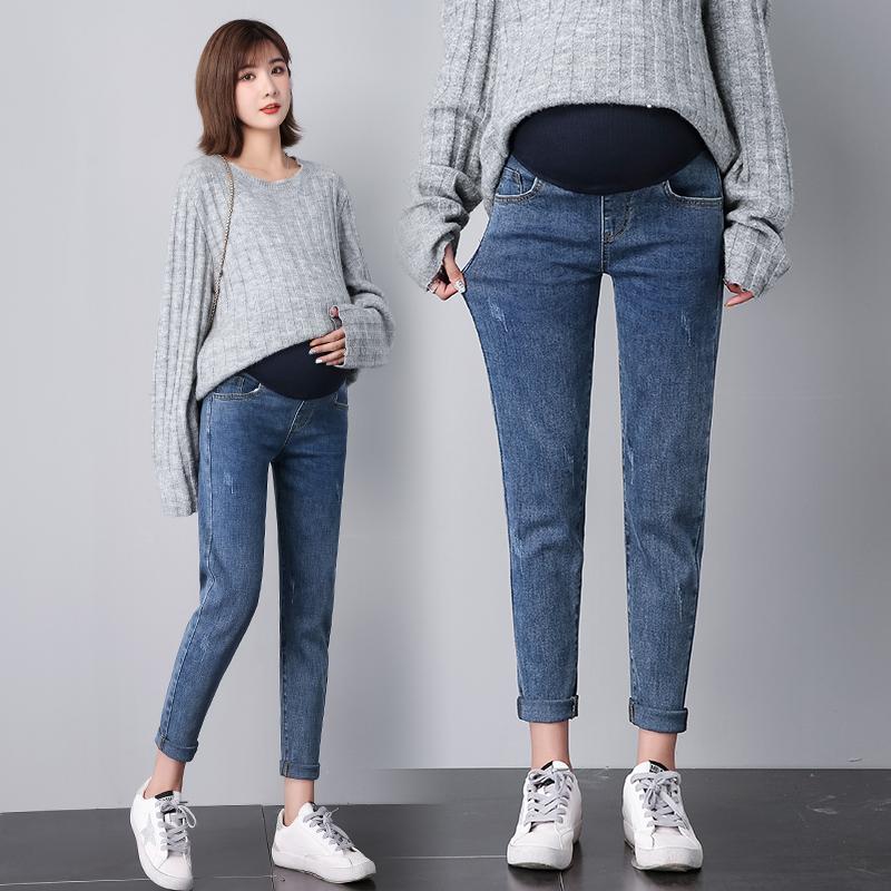 

Maternity Bottoms 539# Pants Spring Autumn Solid Color Jeans Belly Support Elastic Waist Trousers, Elastic blue