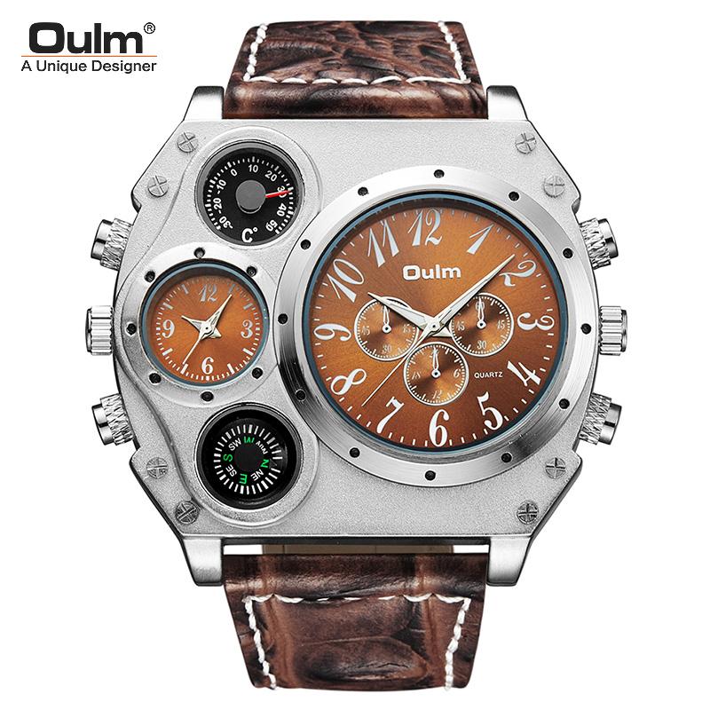 

Wristwatches Oulm Dig Dial Outdoor Watch For Man Creative Design With Compass Temperature Measurement Dual Time Zone Relogio Masculino HP134, Silver