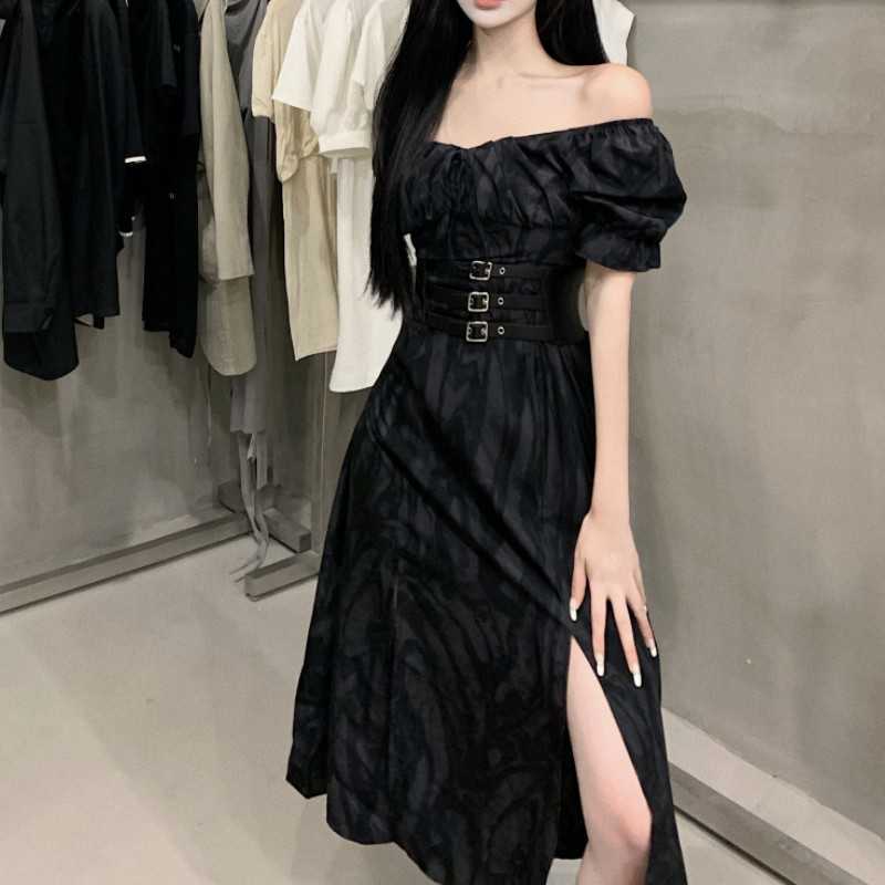 

Women Black Dress Summer Lolita Style Sexy Slash Neck Puff Sleeve High Waist Elegant Ladies Party Dresses With Belt 210526, Photo color