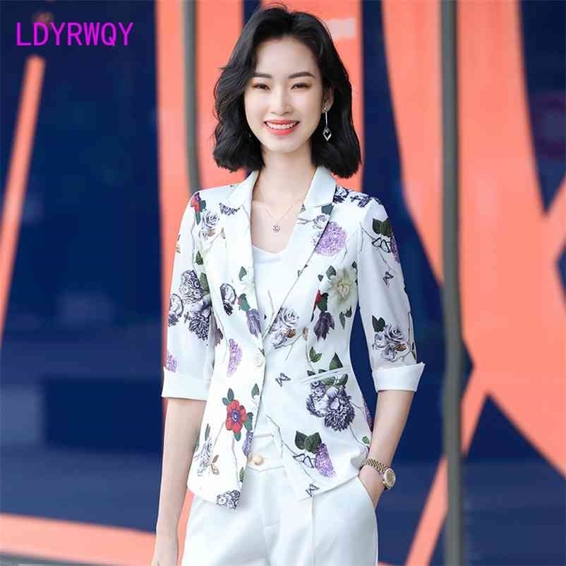 

LDYRWQY single button fashion five-point sleeve suit collar printing casual Office Lady 210603, Yellow flower
