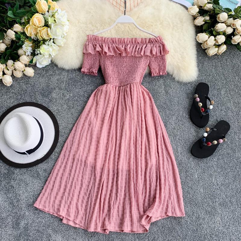 

Party Dresses 2022 Korean Women Summer Plaid Slash Neck Off Shouder Solid Vestidos Ruffles A-line High Waist Dress Femme PZ1826, White;black